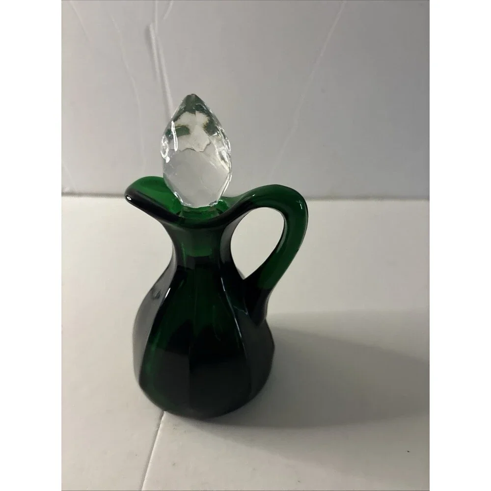 Hand Blown Glass Emerald Green glass Cruet Crystal stopper 5 1/2